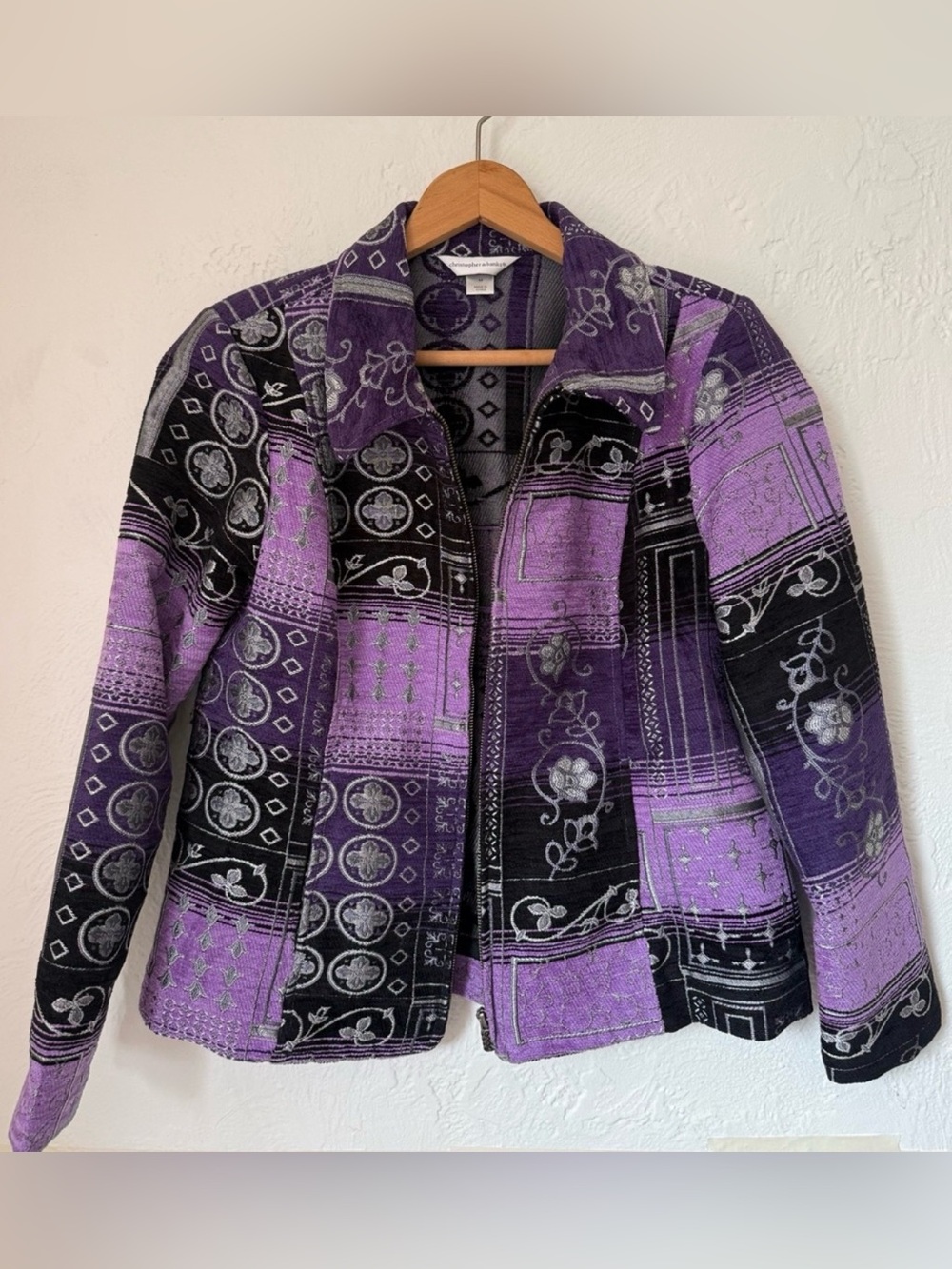 Christopher & Banks M Purple Tapestry Jacquard Zip Jacket Boho Floral